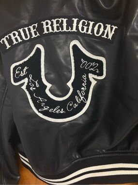 NWT True Religion Black Faux Leather Varsity Jacket